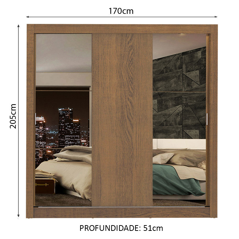 Guarda-Roupa Casal Madesa Lyon Plus 3 Portas de Correr com Espelhos 4 Gavetas Rustic