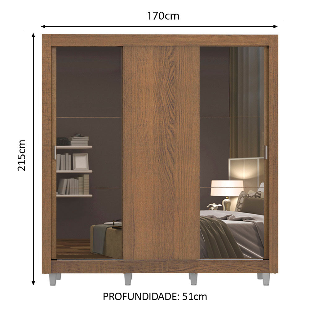 Guarda-Roupa Casal Madesa Mônaco 3 Portas de Correr com Espelhos com Pés Rustic