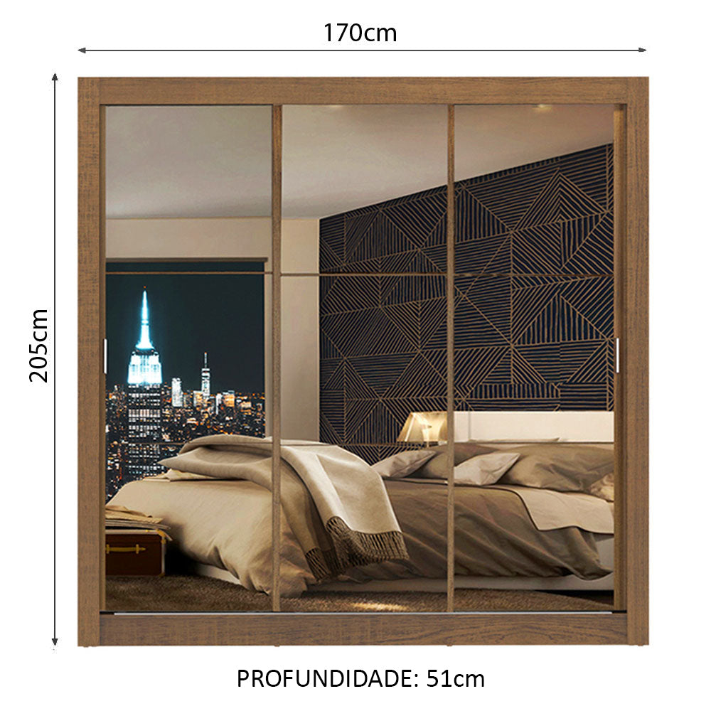 Guarda-Roupa Casal Madesa Mônaco 3 Portas de Correr de Espelho Rustic