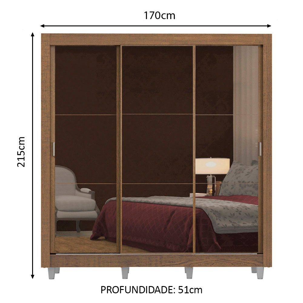 Guarda-Roupa Casal Madesa Lyon 3 Portas de Correr de Espelho 2 Gavetas com Pés Rustic