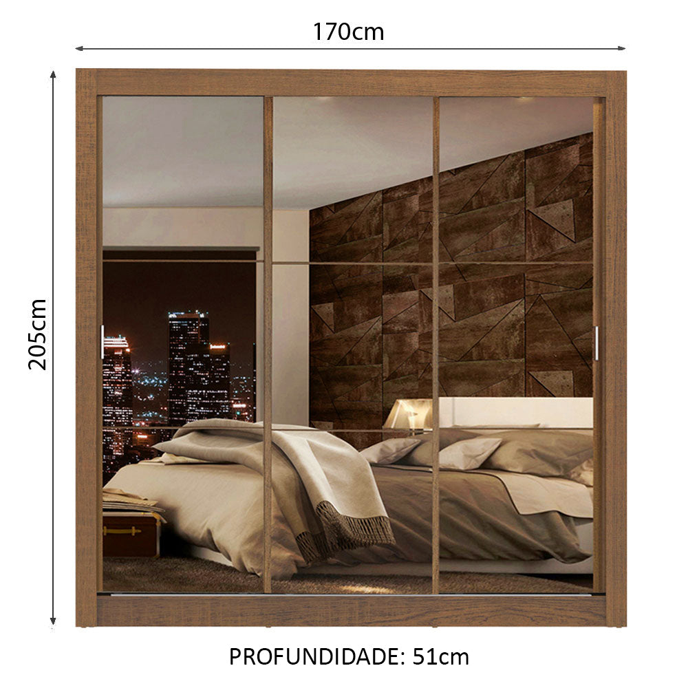 Guarda-Roupa Casal Madesa Lyon Plus 3 Portas de Correr de Espelho 4 Gavetas Rustic