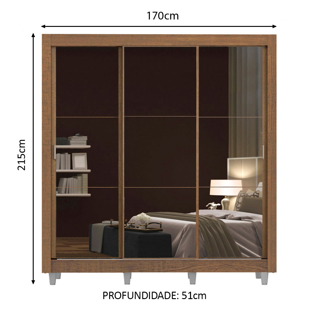 Guarda-Roupa Casal Madesa Mônaco 3 Portas de Correr de Espelho com Pés Rustic