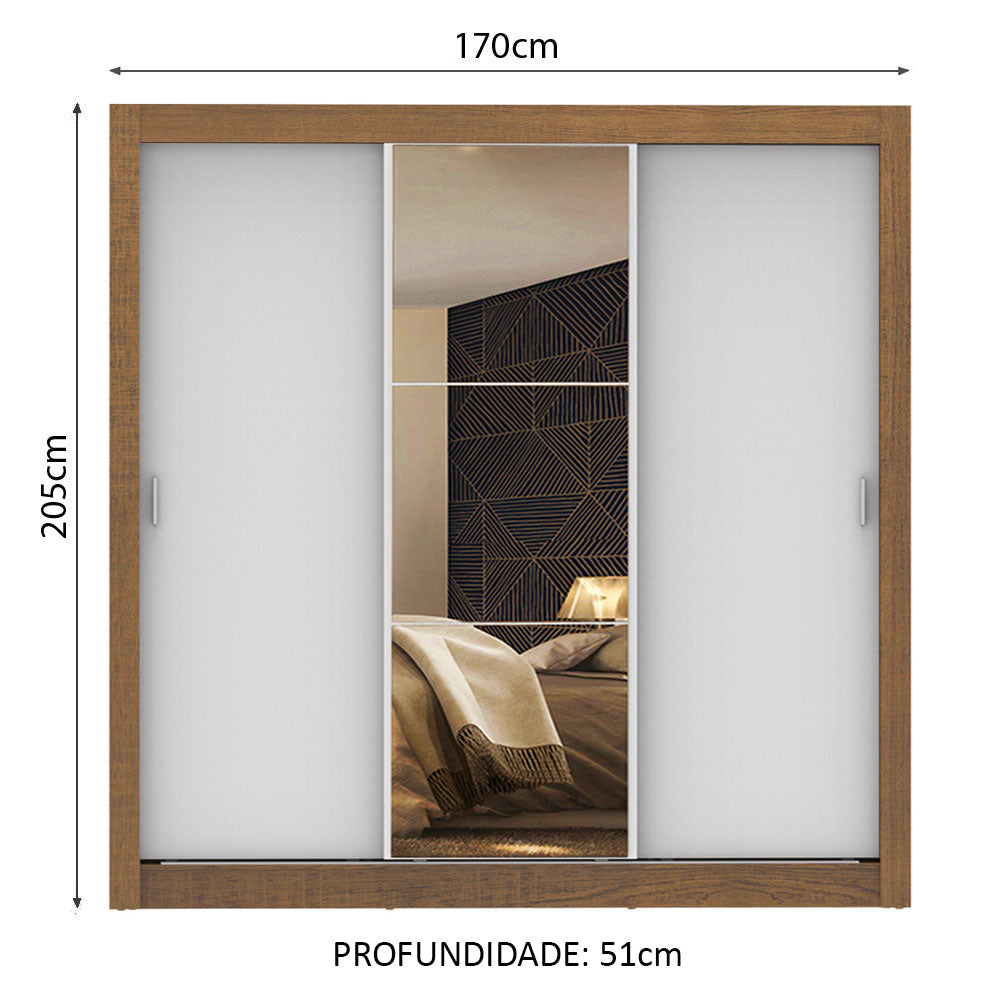 Guarda-Roupa Casal Madesa Lyon 3 Portas de Correr com Espelho 2 Gavetas Rustic/Branco