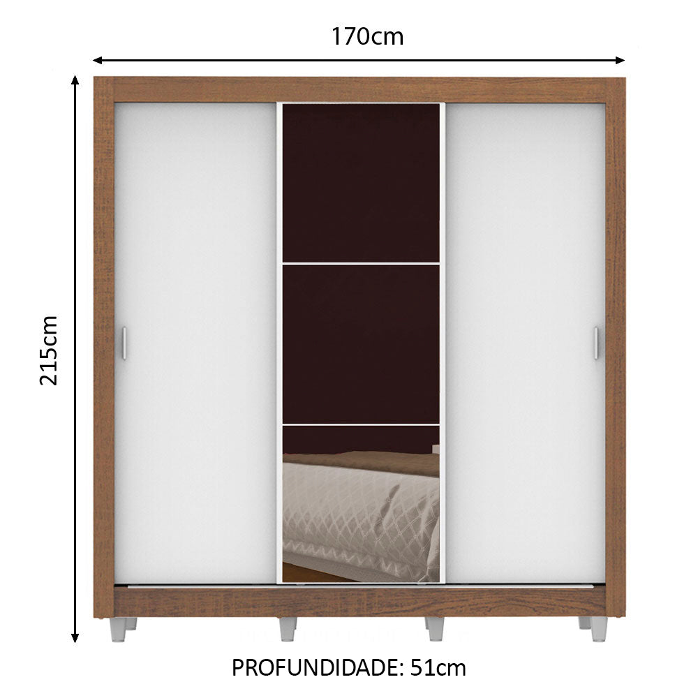 Guarda-Roupa Casal Madesa Lyon 3 Portas de Correr com Espelho 2 Gavetas com Pés Rustic/Branco