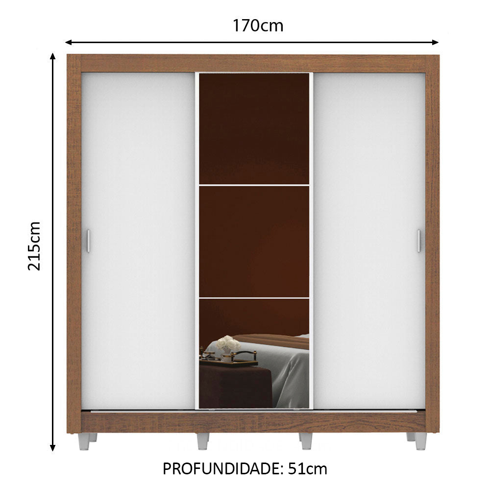 Guarda-Roupa Casal Madesa Mônaco 3 Portas de Correr com Espelho com Pés Rustic/Branco