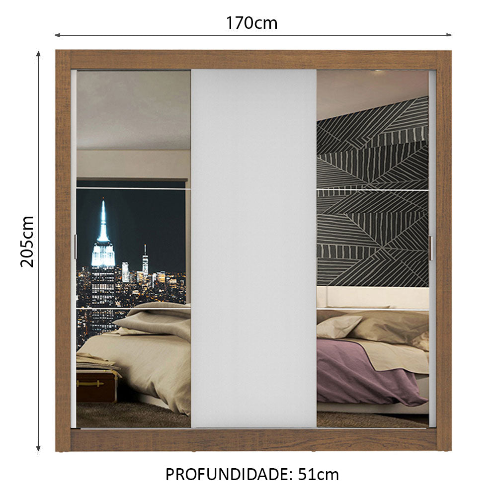 Guarda-Roupa Casal Madesa Lyon 3 Portas de Correr com Espelhos 2 Gavetas Rustic/Branco