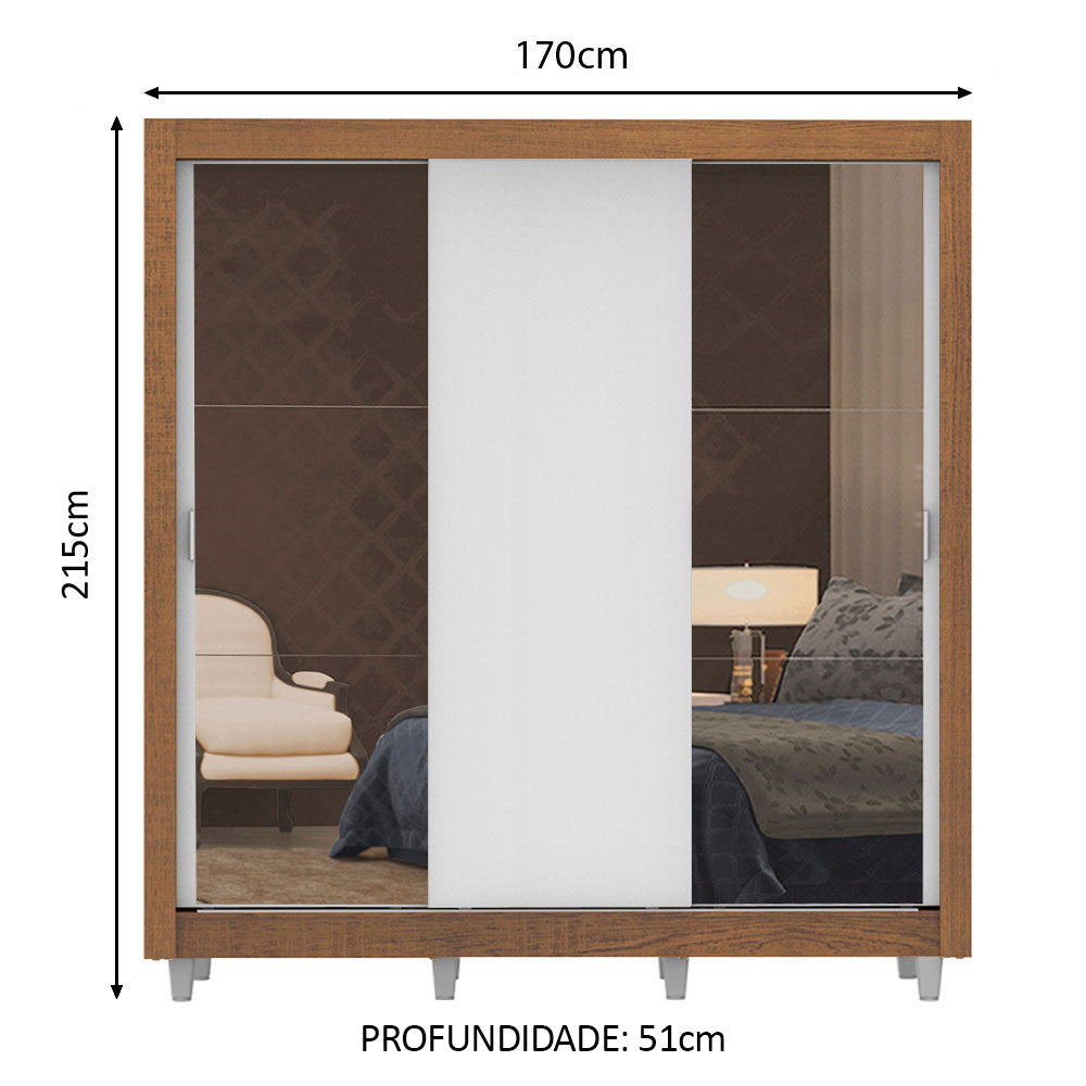 Guarda-Roupa Casal Madesa Lyon 3 Portas de Correr com Espelhos 2 Gavetas com Pés Rustic/Branco