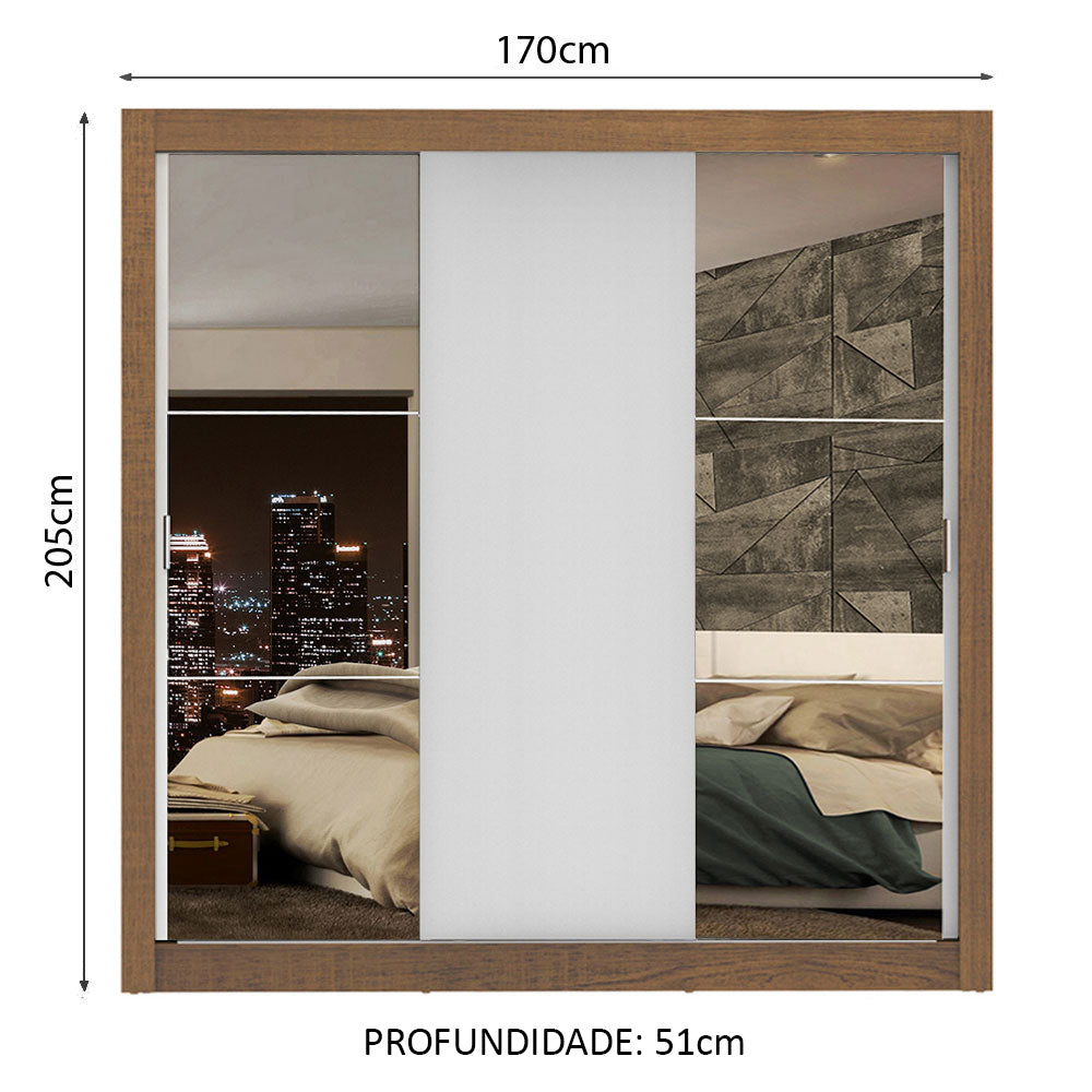 Guarda-Roupa Casal Madesa Lyon Plus 3 Portas de Correr com Espelhos 4 Gavetas Rustic/Branco