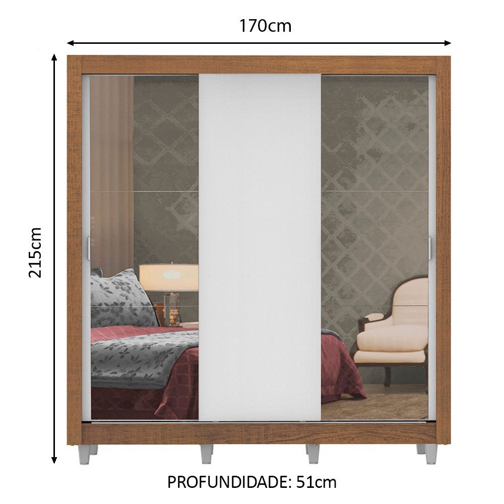 Guarda-Roupa Casal Madesa Lyon Plus 3 Portas de Correr com Espelhos 4 Gavetas com Pés Rustic/Branco