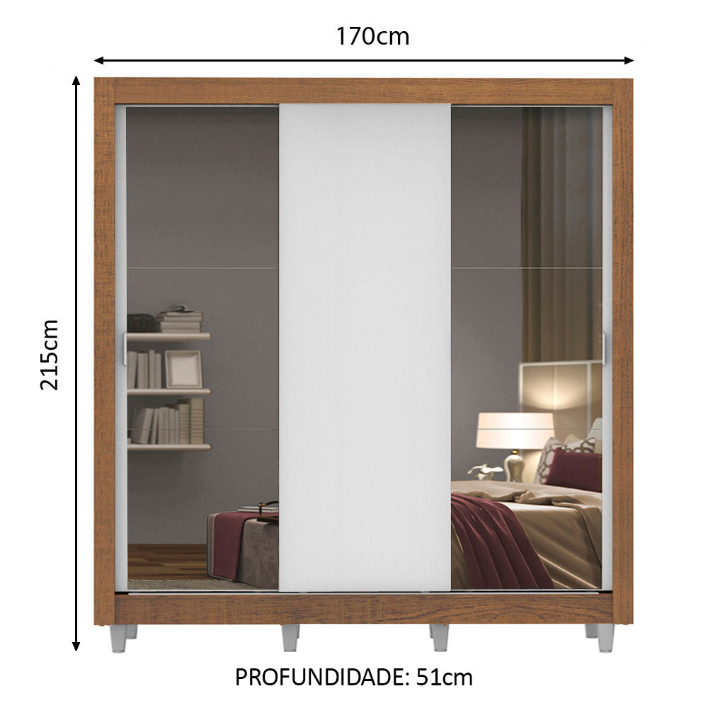 Guarda-Roupa Casal Madesa Mônaco 3 Portas de Correr com Espelhos com Pés Rustic/Branco
