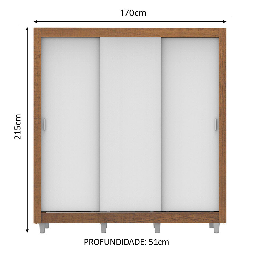 Guarda-Roupa Casal Madesa Lyon Plus 3 Portas de Correr 4 Gavetas com Pés Rustic/Branco