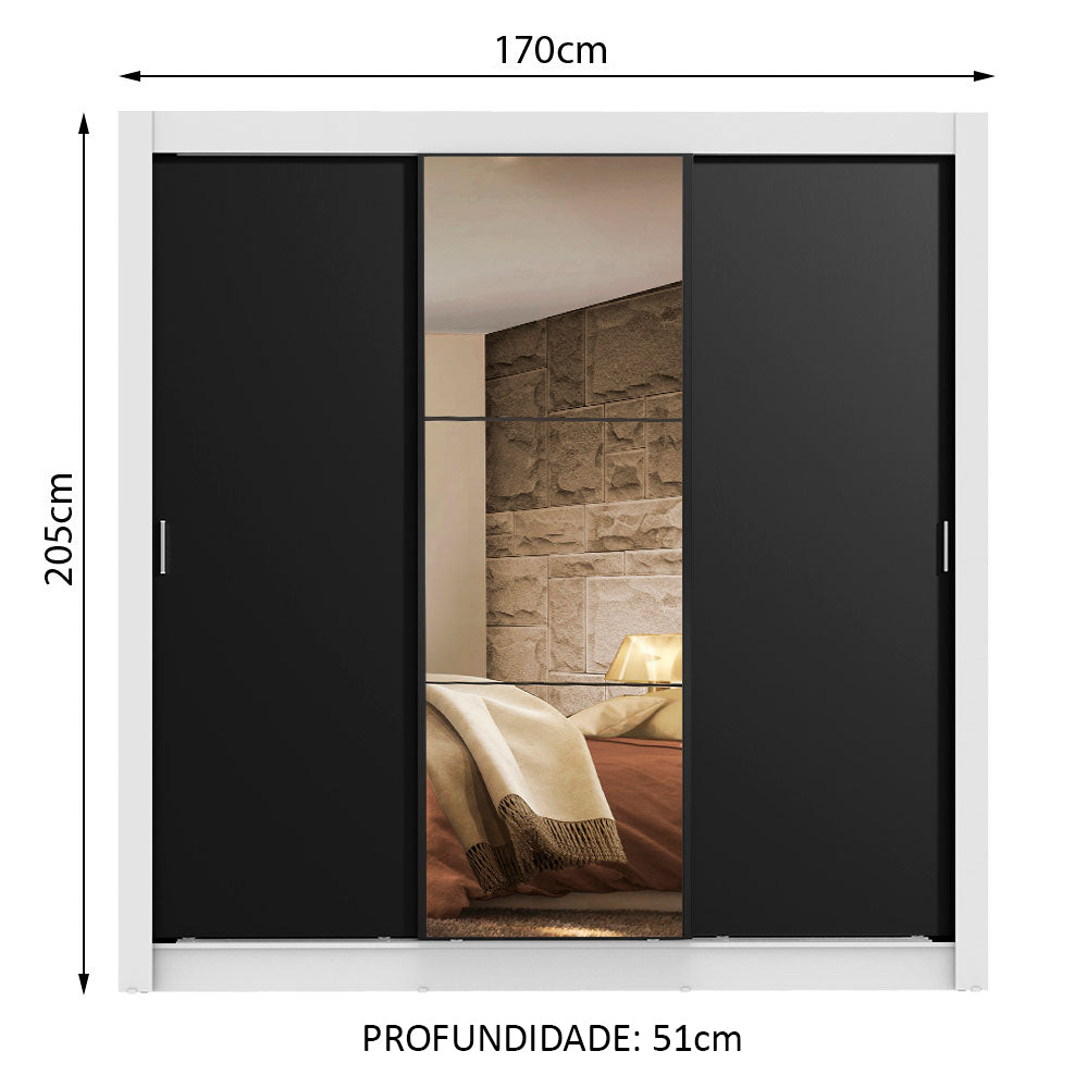 Guarda-Roupa Casal Madesa Lyon 3 Portas de Correr com Espelho 2 Gavetas Branco/Preto