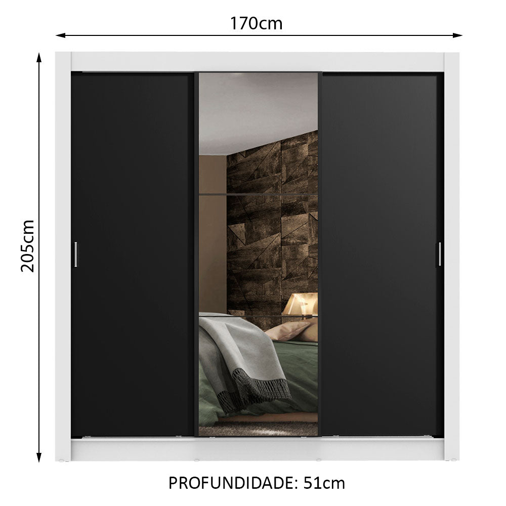 Guarda-Roupa Casal Madesa Lyon Plus 3 Portas de Correr com Espelho 4 Gavetas Branco/Preto