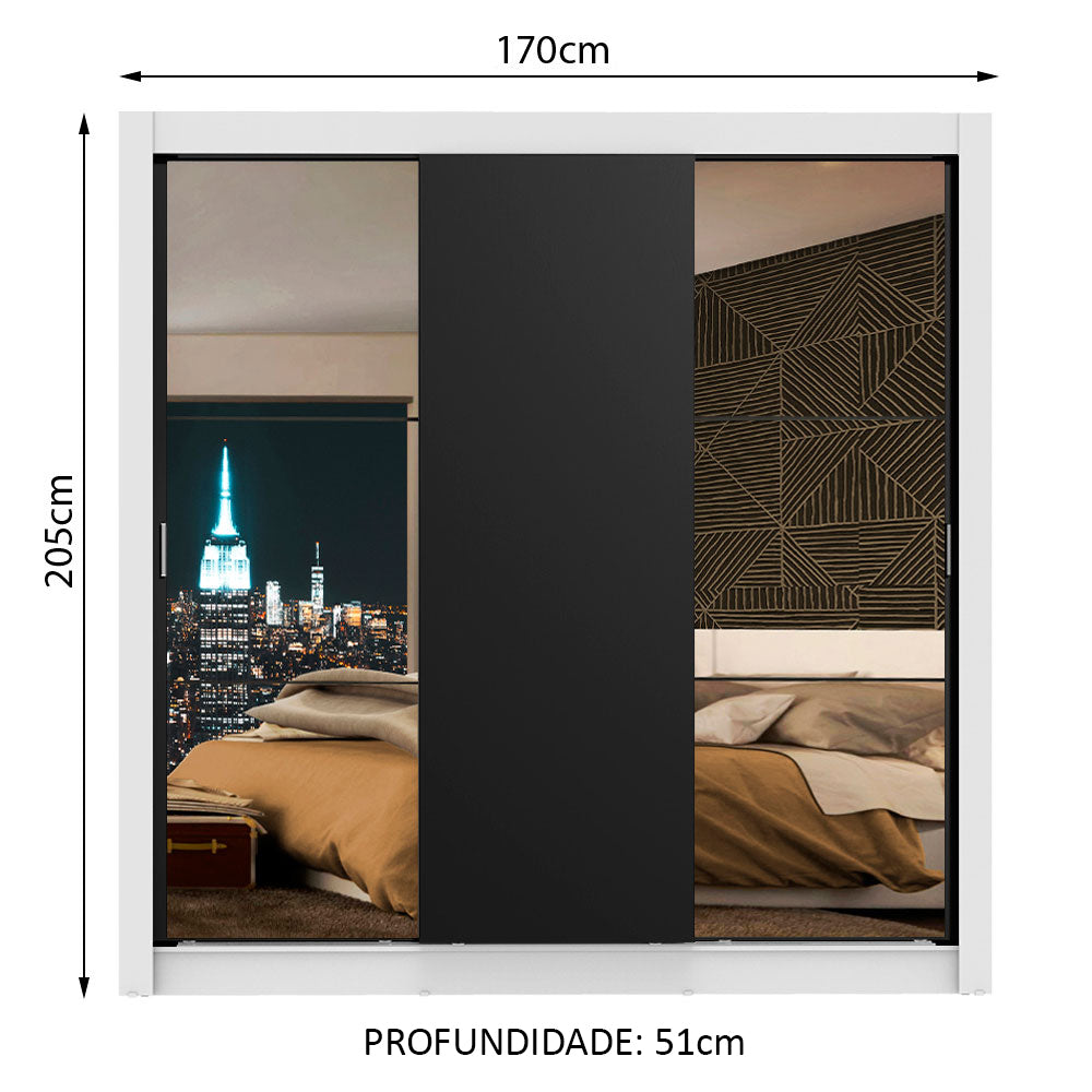 Guarda-Roupa Casal Madesa Mônaco 3 Portas de Correr com Espelhos Branco/Preto