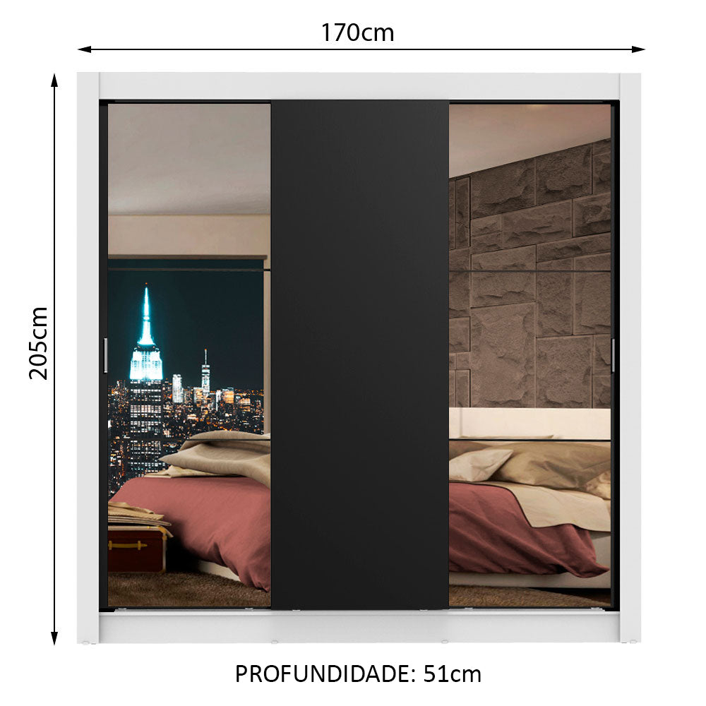 Guarda-Roupa Casal Madesa Lyon 3 Portas de Correr com Espelhos 2 Gavetas Branco/Preto