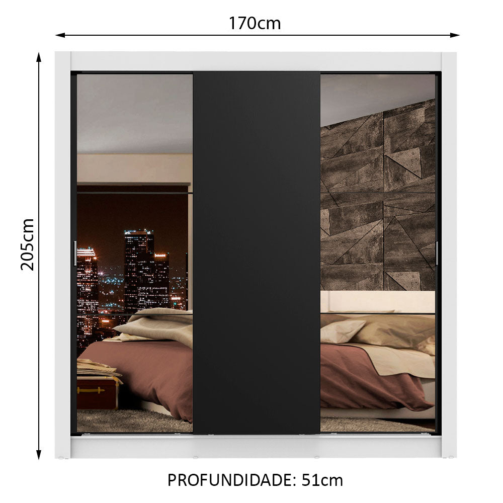 Guarda-Roupa Casal Madesa Lyon Plus 3 Portas de Correr com Espelhos 4 Gavetas Branco/Preto