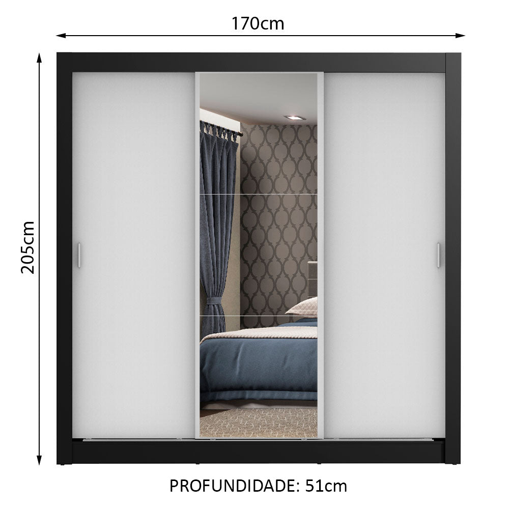 Guarda-Roupa Casal Madesa Mônaco 3 Portas de Correr com Espelho Preto/Branco
