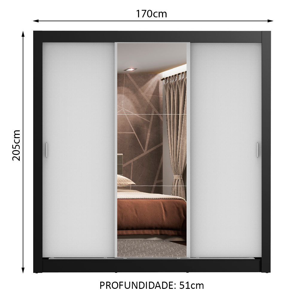 Guarda-Roupa Casal Madesa Lyon Plus 3 Portas de Correr com Espelho 4 Gavetas Preto/Branco