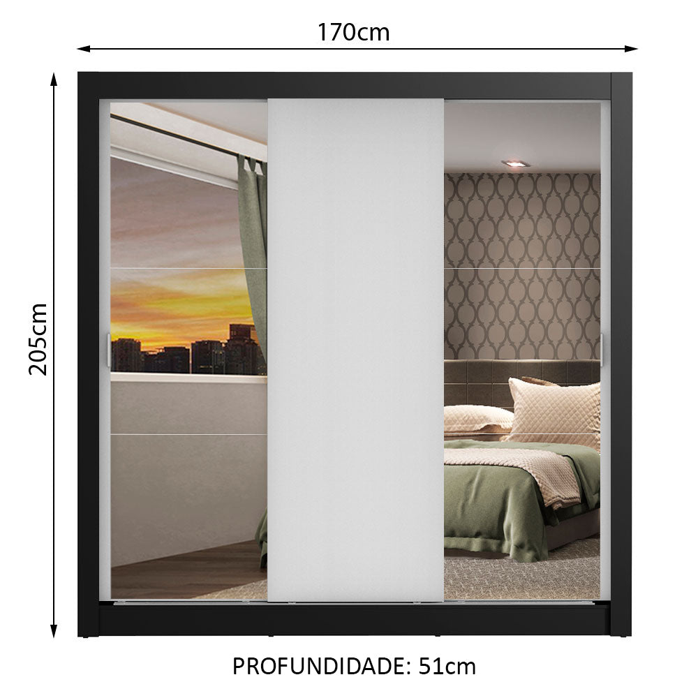 Guarda-Roupa Casal Madesa Mônaco 3 Portas de Correr com Espelhos Preto/Branco