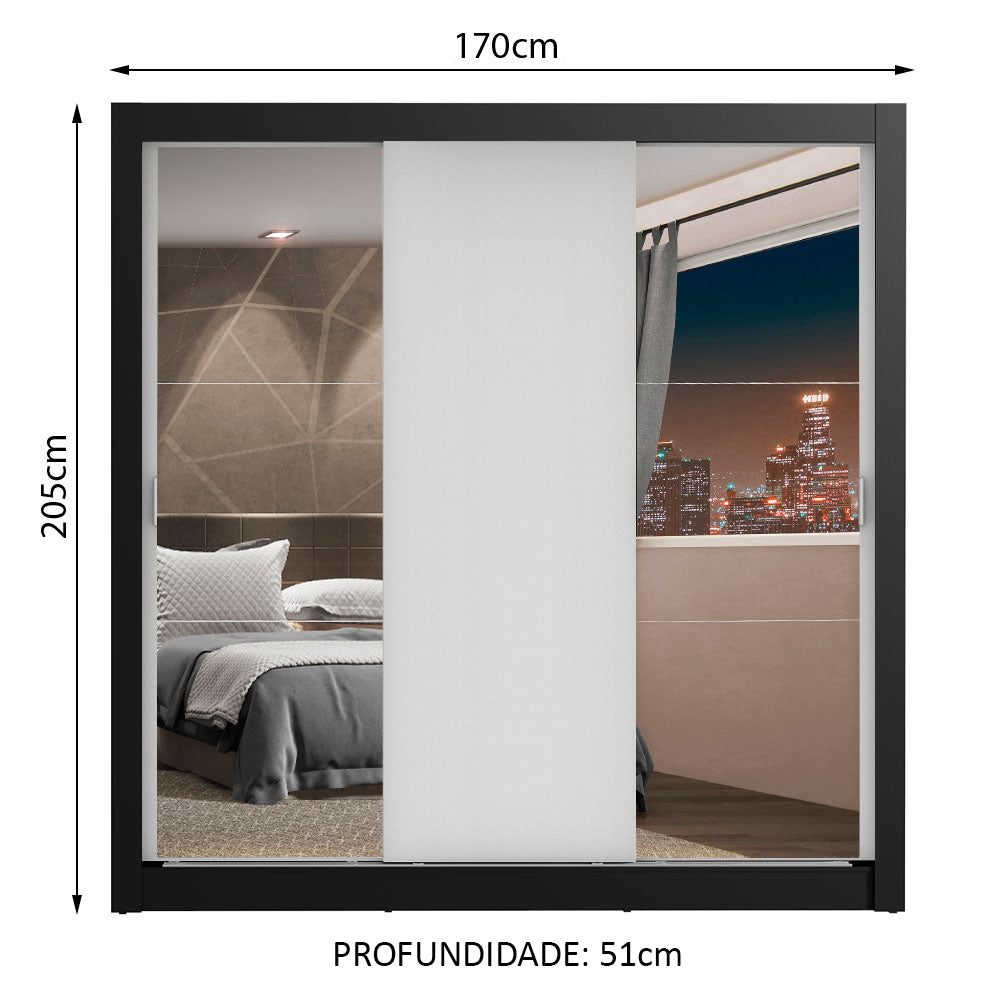 Guarda-Roupa Casal Madesa Lyon Plus 3 Portas de Correr com Espelhos 4 Gavetas Preto/Branco