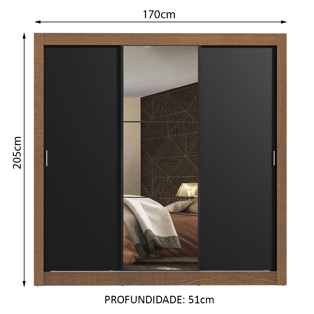 Guarda-Roupa Casal Madesa Mônaco 3 Portas de Correr com Espelho Rustic/Preto