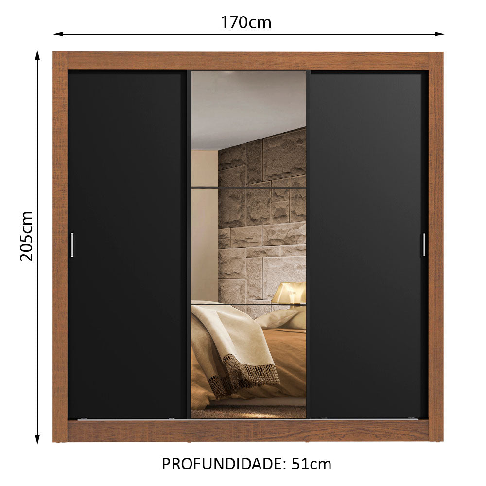 Guarda-Roupa Casal Madesa Lyon 3 Portas de Correr com Espelho 2 Gavetas Rustic/Preto