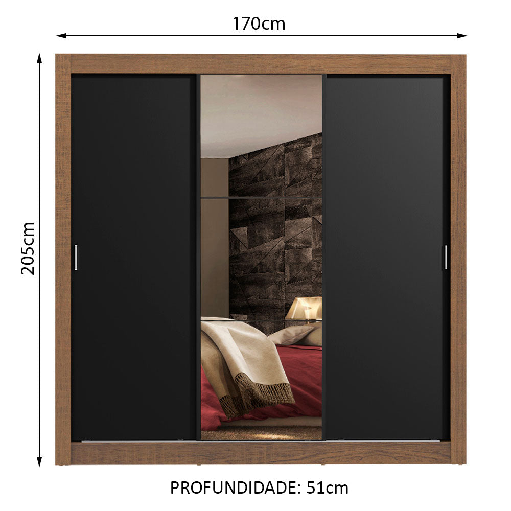 Guarda-Roupa Casal Madesa Lyon Plus 3 Portas de Correr com Espelho 4 Gavetas Rustic/Preto