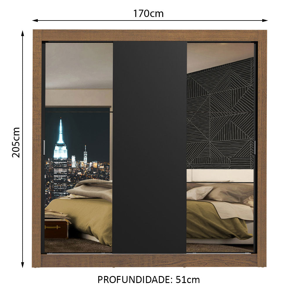 Guarda-Roupa Casal Madesa Mônaco 3 Portas de Correr com Espelhos Rustic/Preto