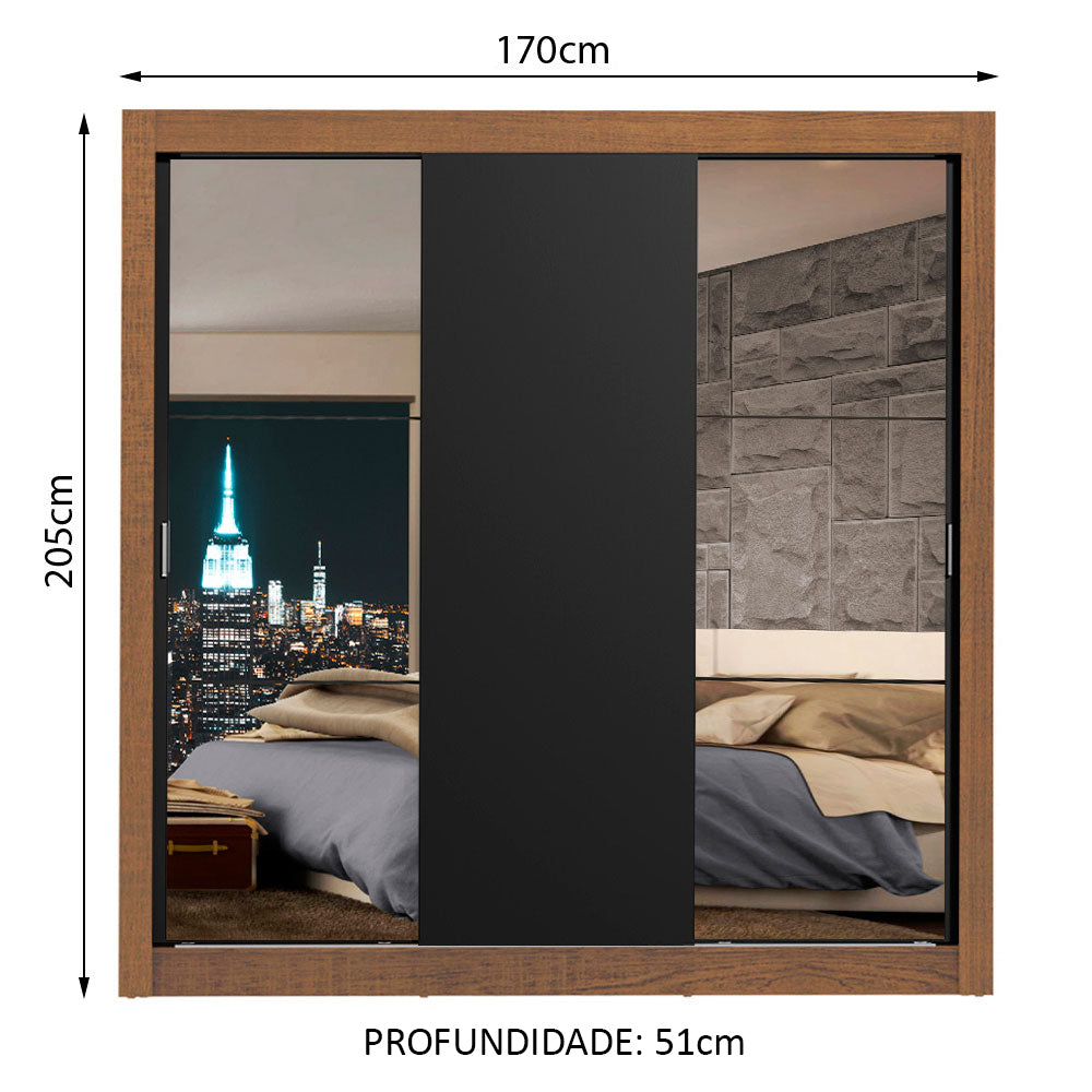 Guarda-Roupa Casal Madesa Lyon 3 Portas de Correr com Espelhos 2 Gavetas Rustic/Preto
