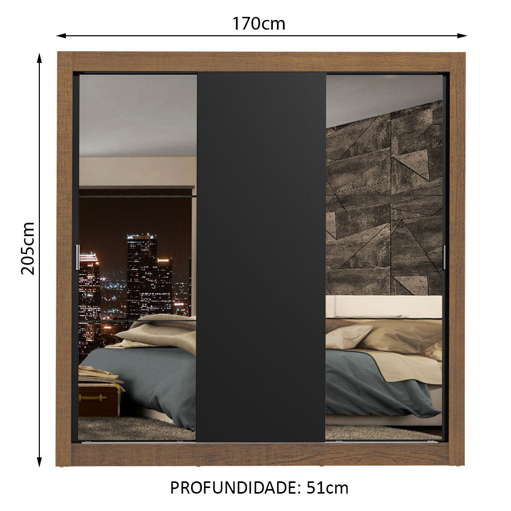 Guarda-Roupa Casal Madesa Lyon Plus 3 Portas de Correr com Espelhos 4 Gavetas Rustic/Preto