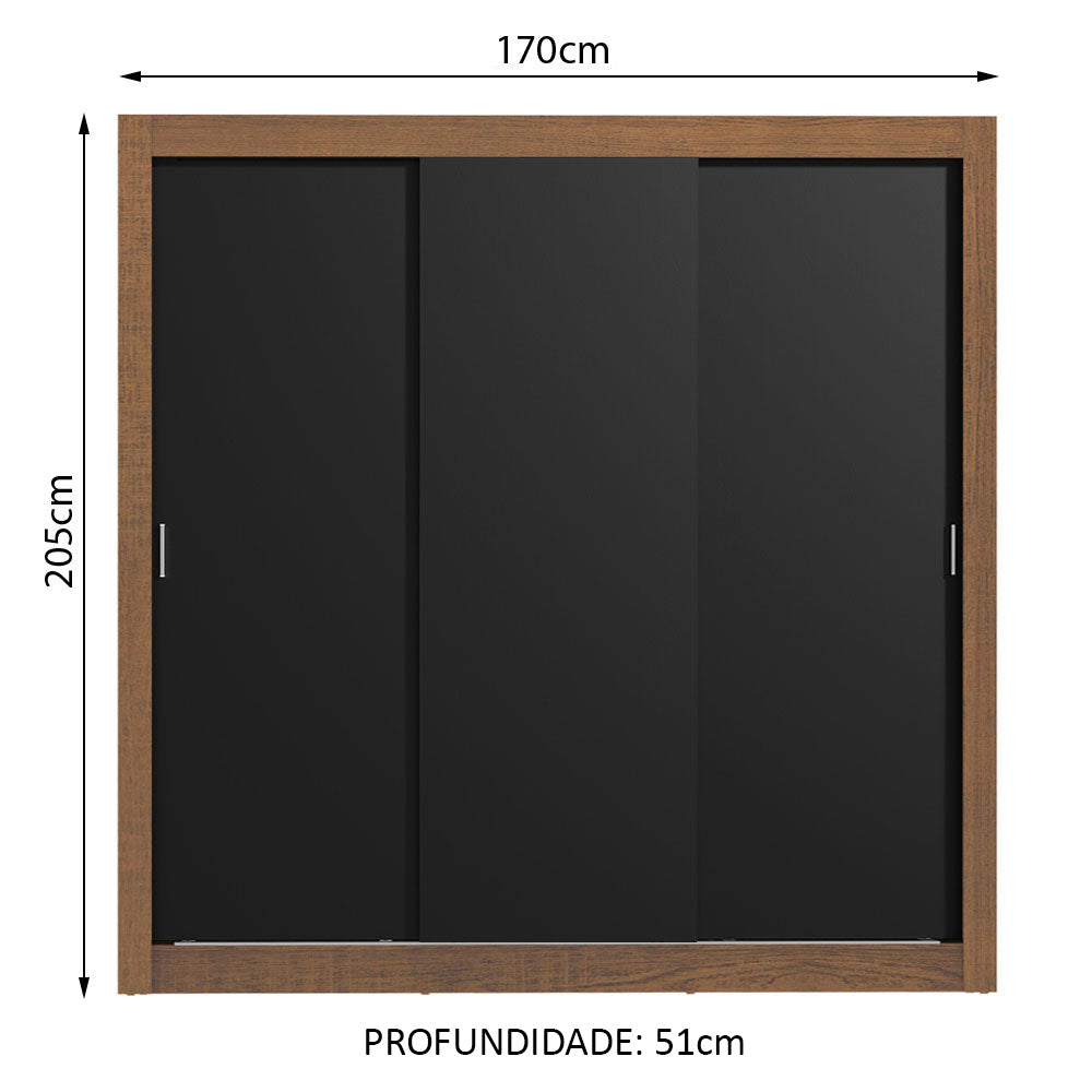 Guarda-Roupa Casal Madesa Lyon Plus 3 Portas de Correr 4 Gavetas Rustic/Preto