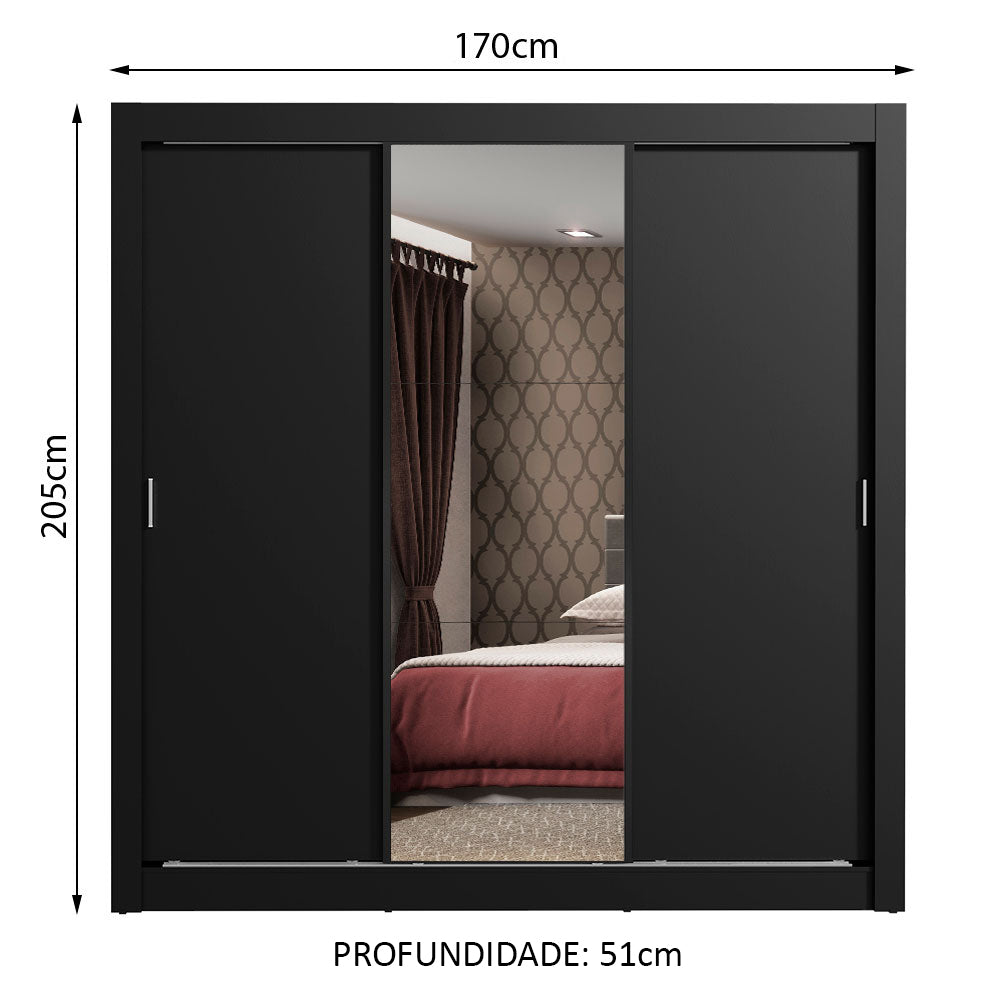 Guarda-Roupa Casal Madesa Mônaco 3 Portas de Correr com Espelho Preto