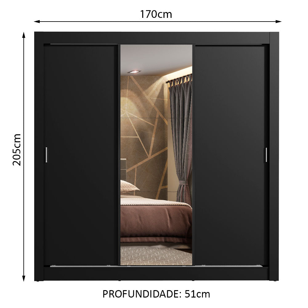 Guarda-Roupa Casal Madesa Lyon Plus 3 Portas de Correr com Espelho 4 Gavetas Preto