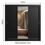 Guarda-Roupa Casal Madesa Lyon Plus 3 Portas de Correr com Espelho 4 Gavetas Preto