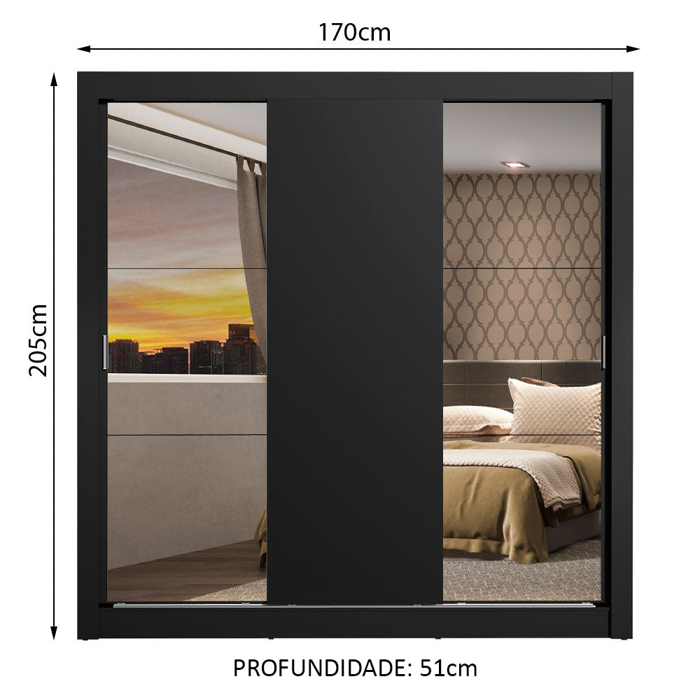Guarda-Roupa Casal Madesa Mônaco 3 Portas de Correr com Espelhos Preto