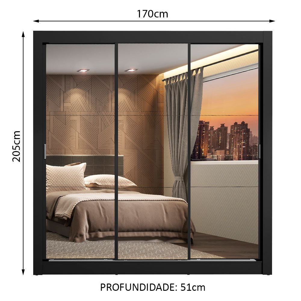 Guarda-Roupa Casal Madesa Lyon 3 Portas de Correr de Espelho 2 Gavetas Preto