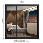 Guarda-Roupa Casal Madesa Lyon Plus 3 Portas de Correr de Espelho 4 Gavetas Preto