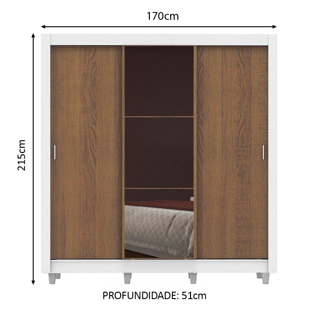 Guarda-Roupa Casal Madesa Lyon 3 Portas de Correr com Espelho 2 Gavetas com Pés Branco/Rustic