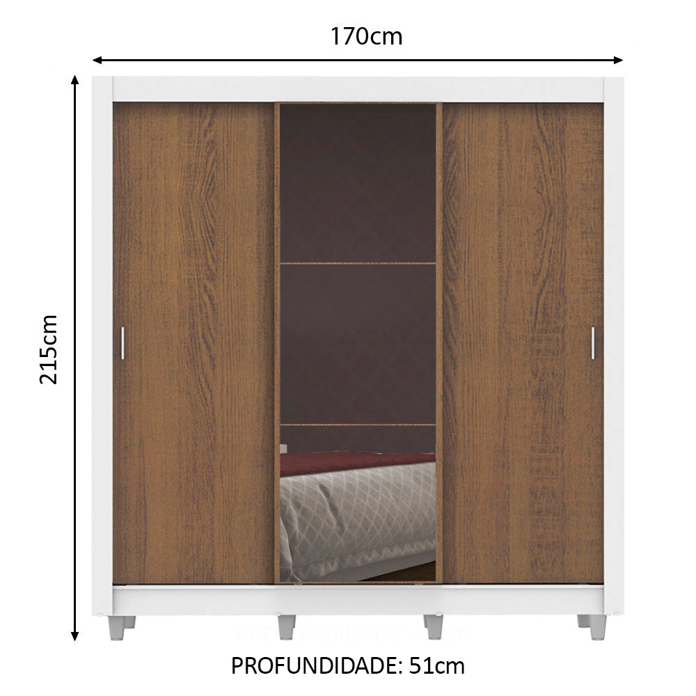Guarda-Roupa Casal Madesa Lyon Plus 3 Portas de Correr com Espelho 4 Gavetas com Pés Branco/Rustic