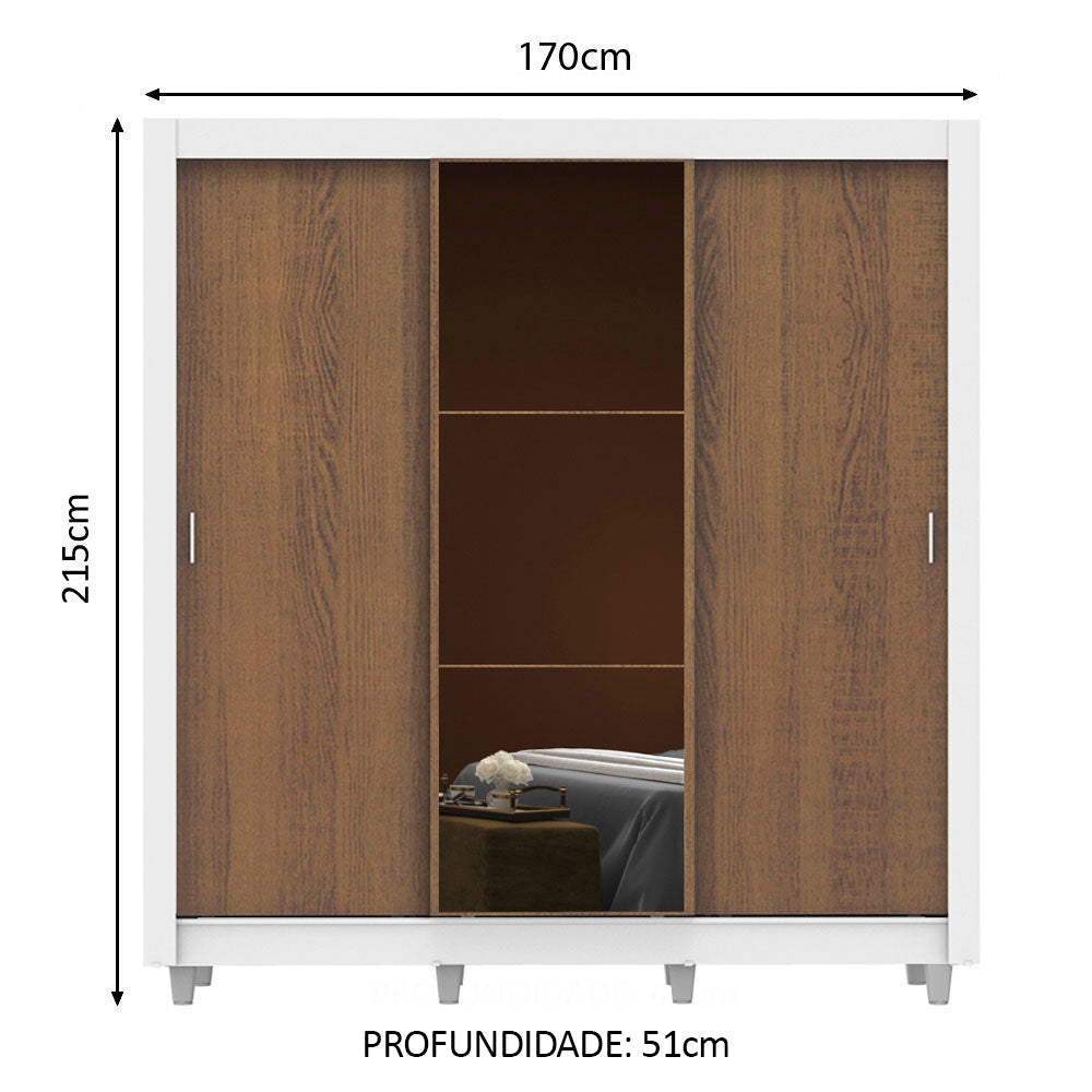 Guarda-Roupa Casal Madesa Mônaco 3 Portas de Correr com Espelho com Pés Branco/Rustic