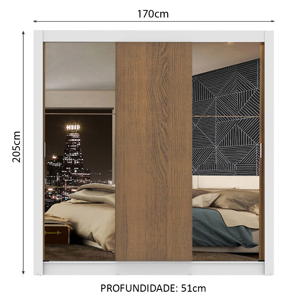 Guarda-Roupa Casal Madesa Mônaco 3 Portas de Correr com Espelhos Branco/Rustic