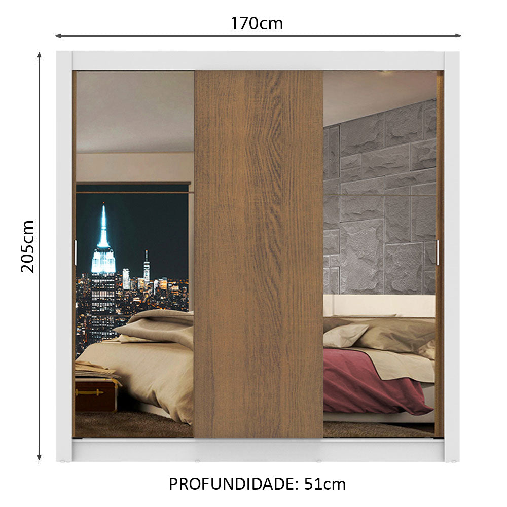 Guarda-Roupa Casal Madesa Lyon 3 Portas de Correr com Espelhos 2 Gavetas Branco/Rustic