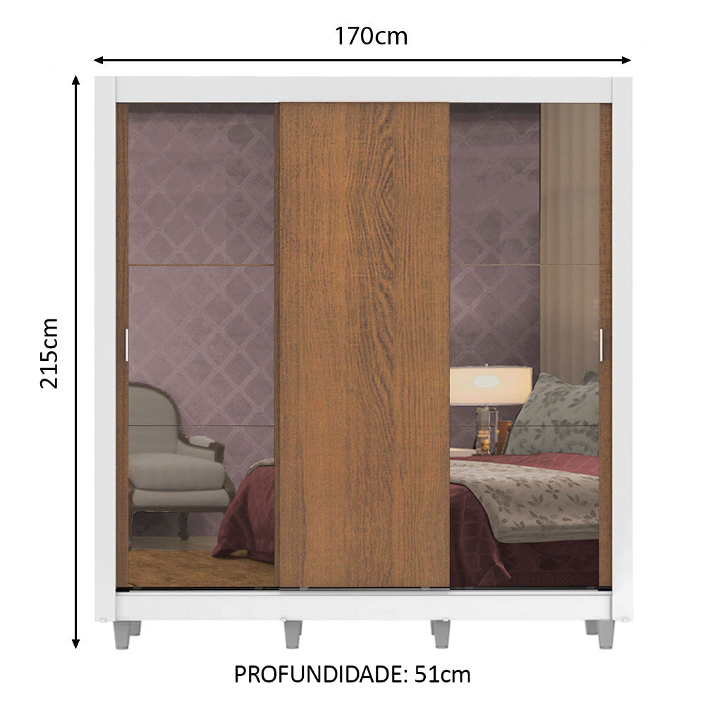 Guarda-Roupa Casal Madesa Lyon 3 Portas de Correr com Espelhos 2 Gavetas com Pés Branco/Rustic