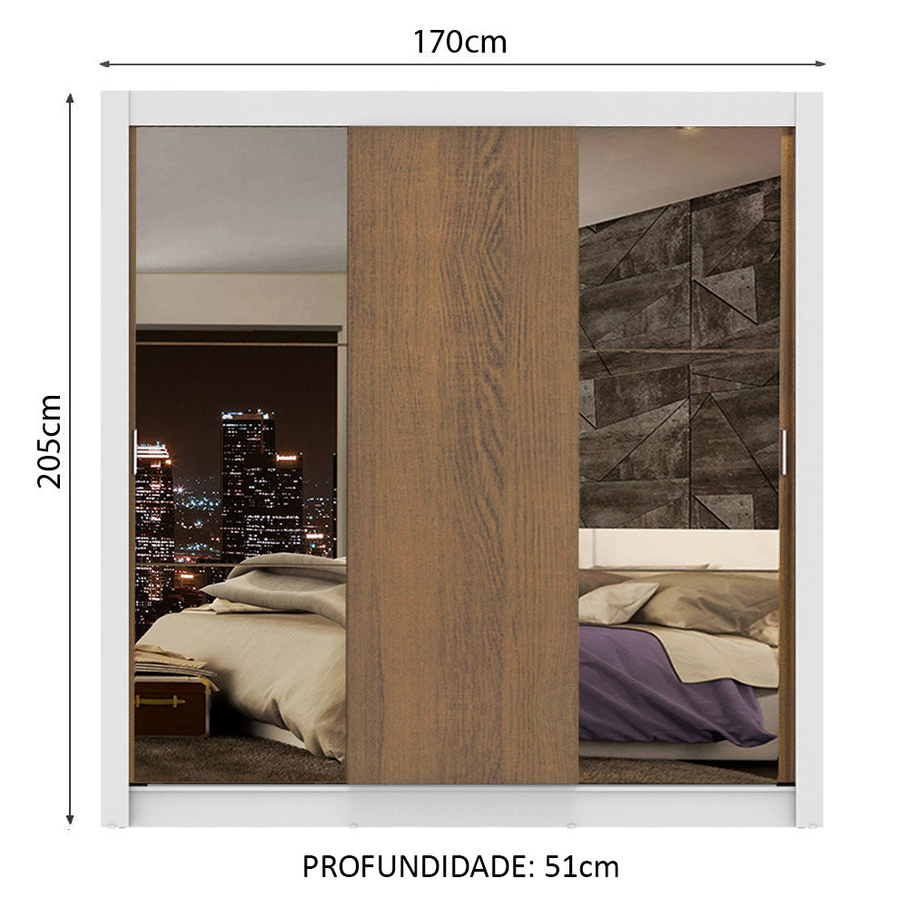 Guarda-Roupa Casal Madesa Lyon Plus 3 Portas de Correr com Espelhos 4 Gavetas Branco/Rustic