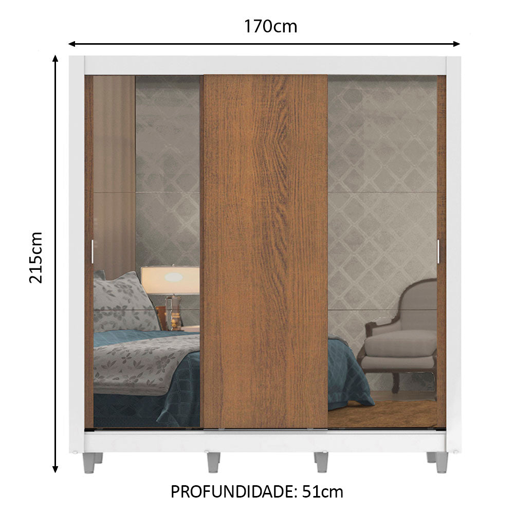 Guarda-Roupa Casal Madesa Lyon Plus 3 Portas de Correr com Espelhos 4 Gavetas com Pés Branco/Rustic
