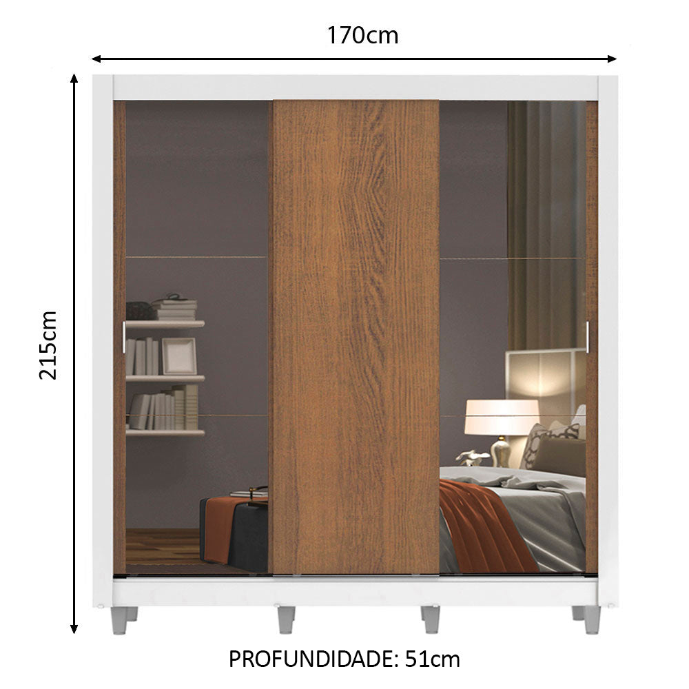 Guarda-Roupa Casal Madesa Mônaco 3 Portas de Correr com Espelhos com Pés Branco/Rustic