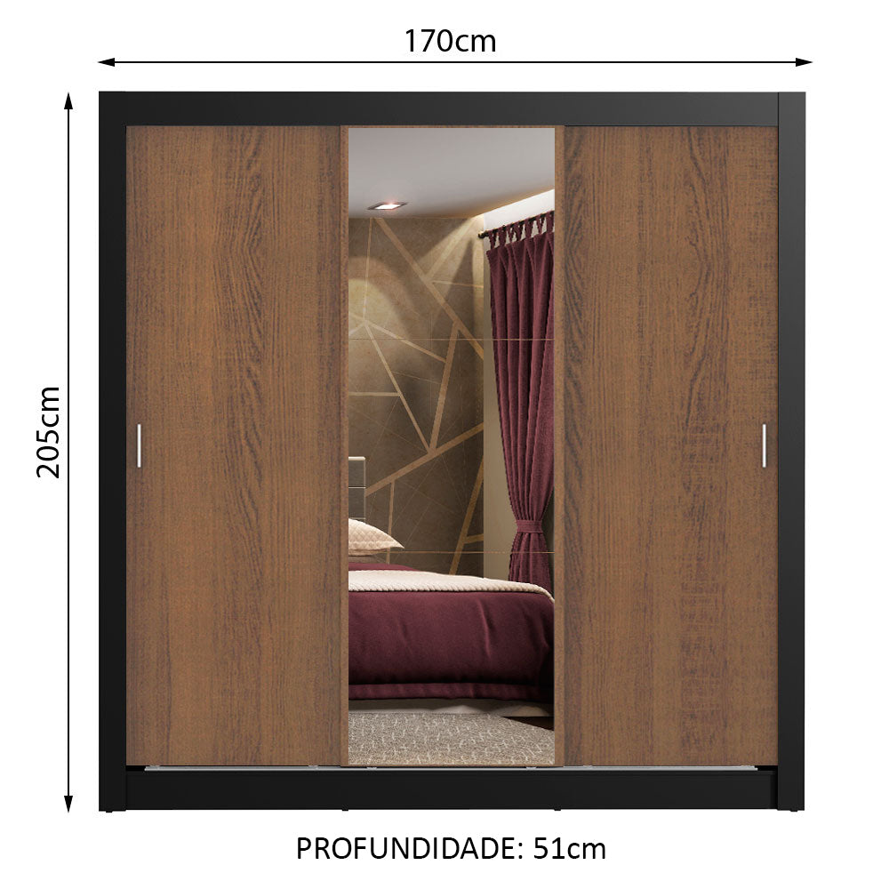 Guarda-Roupa Casal Madesa Lyon Plus 3 Portas de Correr com Espelho 4 Gavetas Preto/Rustic