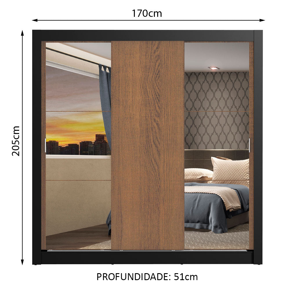 Guarda-Roupa Casal Madesa Mônaco 3 Portas de Correr com Espelhos Preto/Rustic