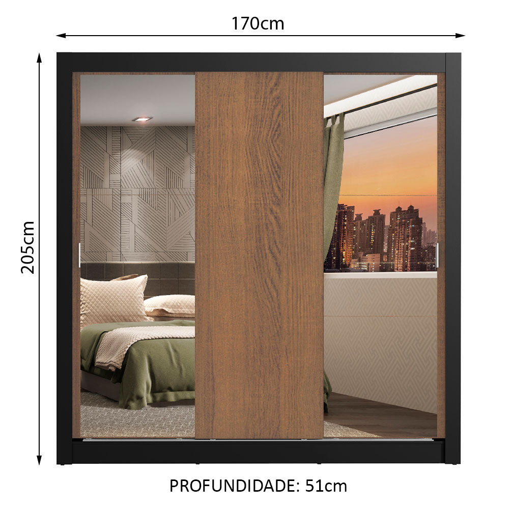 Guarda-Roupa Casal Madesa Lyon 3 Portas de Correr com Espelhos 2 Gavetas Preto/Rustic