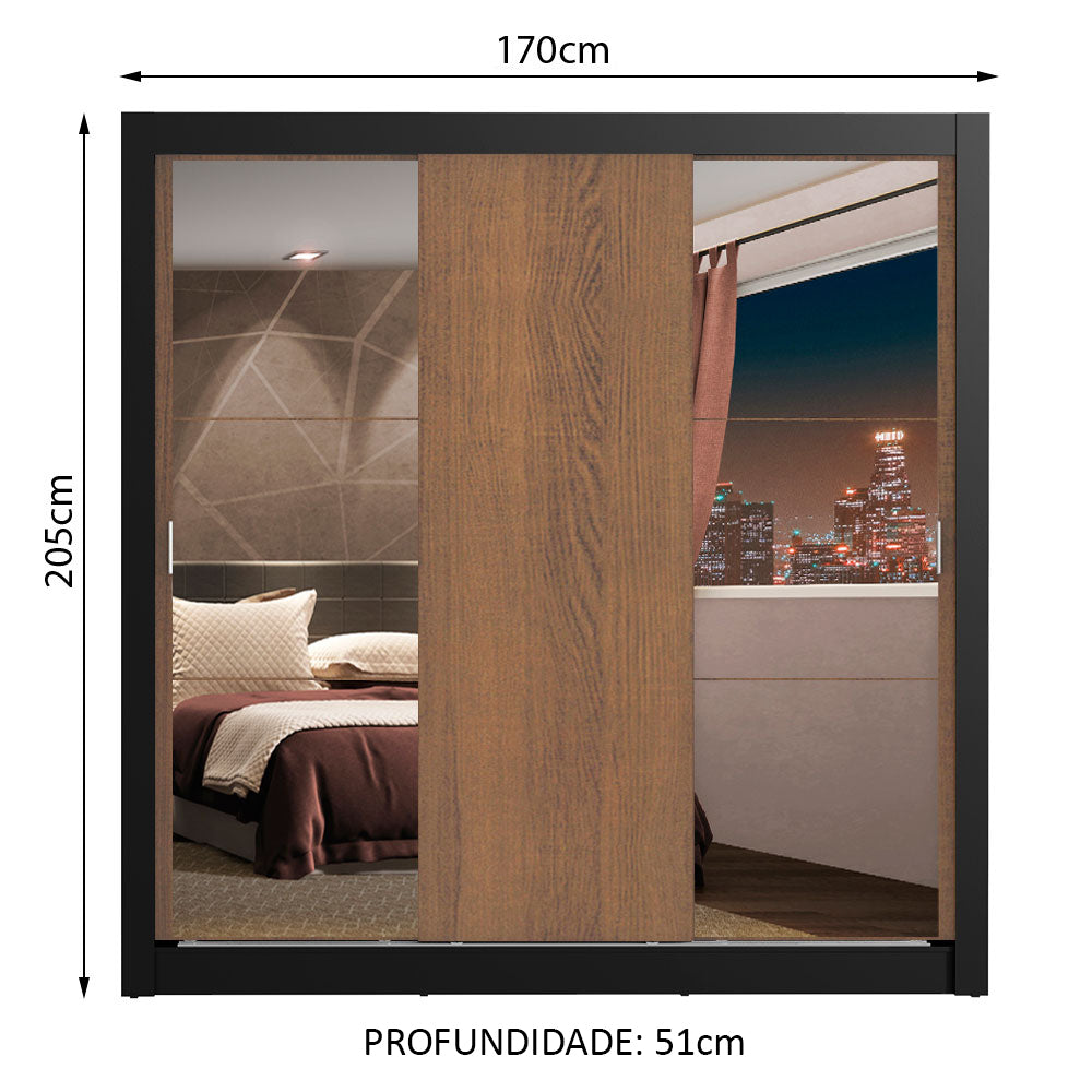 Guarda-Roupa Casal Madesa Lyon Plus 3 Portas de Correr com Espelhos 4 Gavetas Preto/Rustic